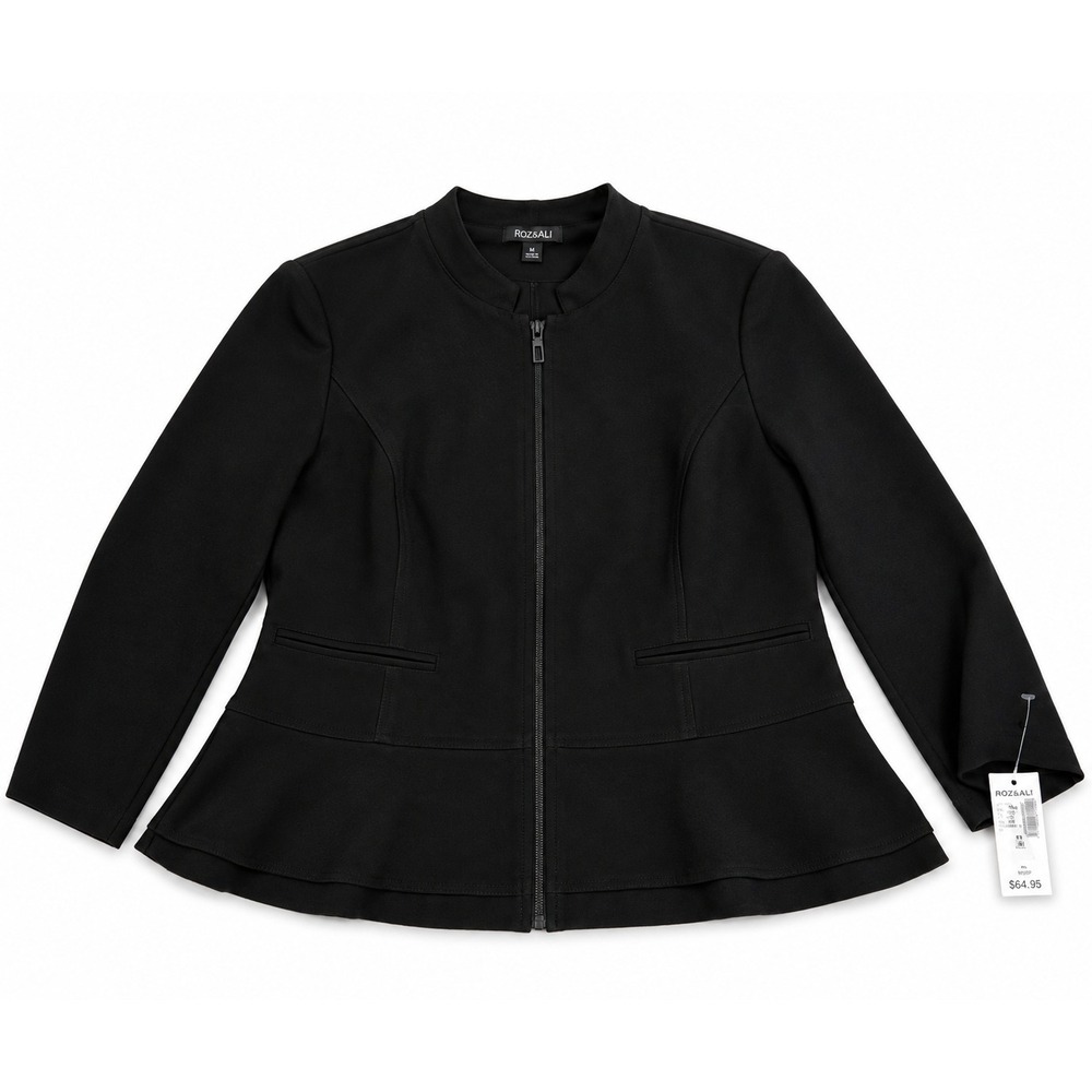 Roz & Ali Womens 14 Black Peplum Jacket Zip Front Tailored Career Blazer
